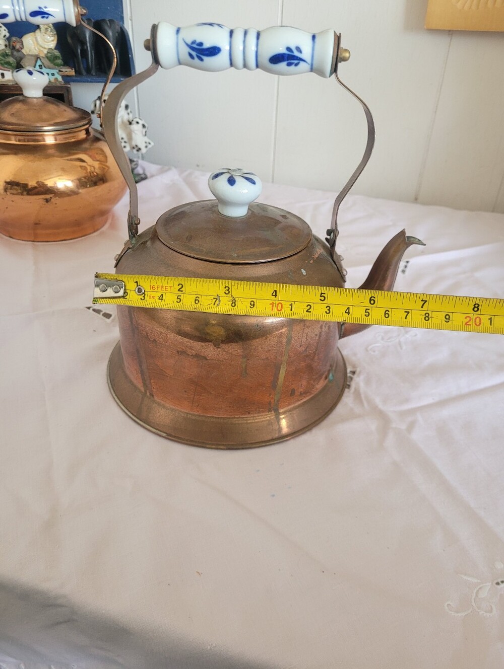 Vintage Copper Teakettle with White & Blue Porcelain Handle - Picture 13 of 13